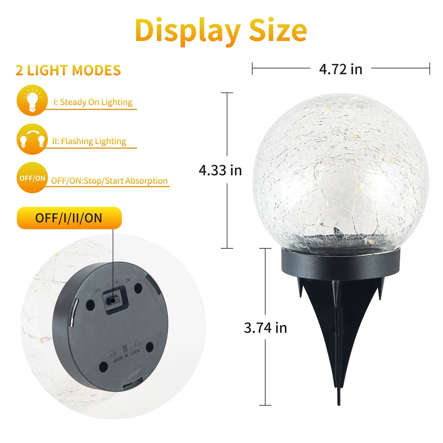 2Pcs Solar Lights Outdoor Garden Decor Cracked Glass Ball Warm Lights